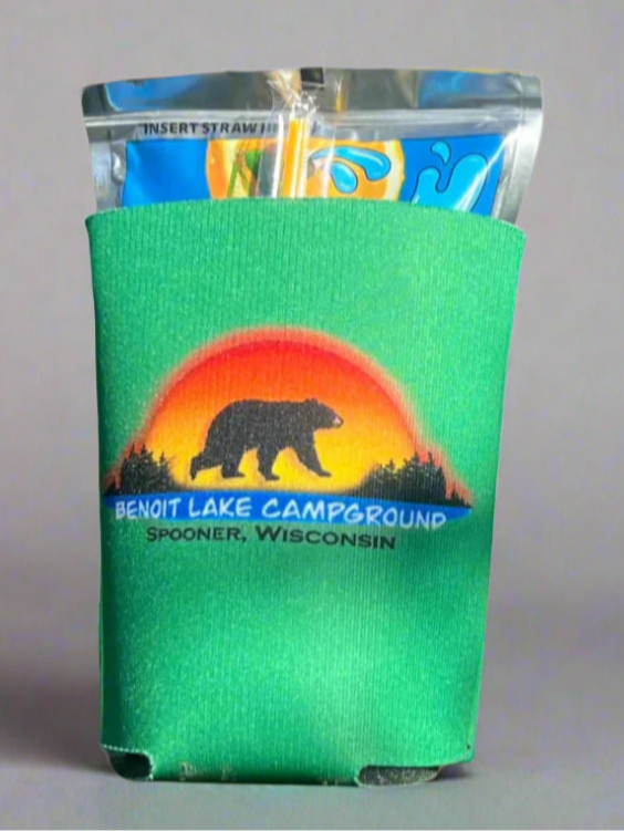 Green koozie with Benoit Lake Campground Logo on each side