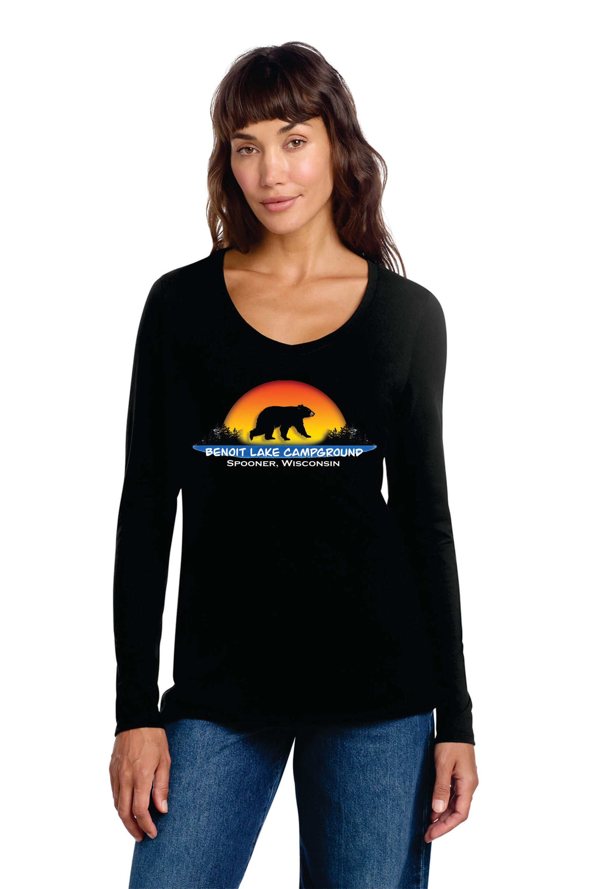 Woman wearing a black long-sleeve shirt with a bear graphic and text on a white background